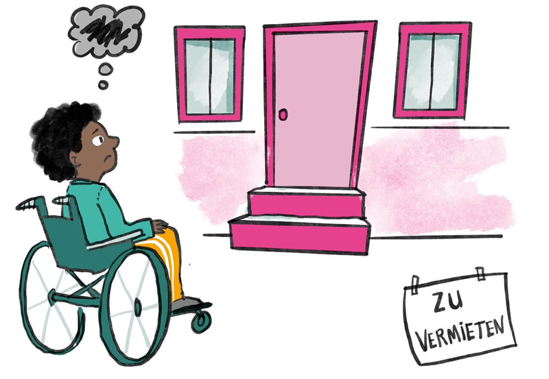 Zeichnung einer Frau im Rollstuhl, die vor einer zweistufigen Treppe steht, dahinter eine Tür. Rechts in der Ecke ein Schild "Zu vermieten".