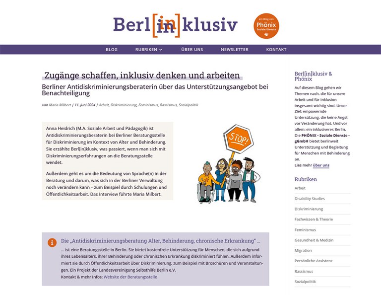 31. Mai 2024 & 11. Juni 2024 - Berl[in]klusiv: Anna Heidrich von der ADB im "Interview mit Berliner Antidiskriminierungsberaterin über Diskriminierung im Kontext von Behinderung und Alter" beim Blog "Berl[in]klusiv & Phönix"