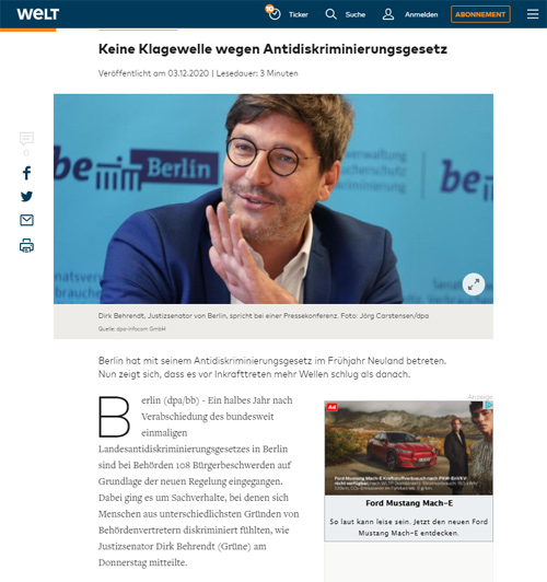 03.12.2020 - Welt.de: Keine Klagewelle wegen Antidiskriminierungsgesetz